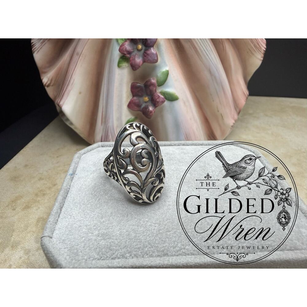 Vintage Sterling Silver Open Scrollwork Filigree Boho Statement Ring Size 7.5 8g